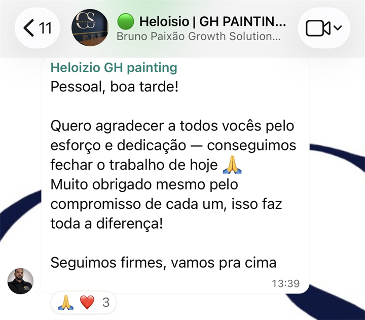 Message from Heloizio (GH Painting) thanking the Growth Solutions® team for a closed job