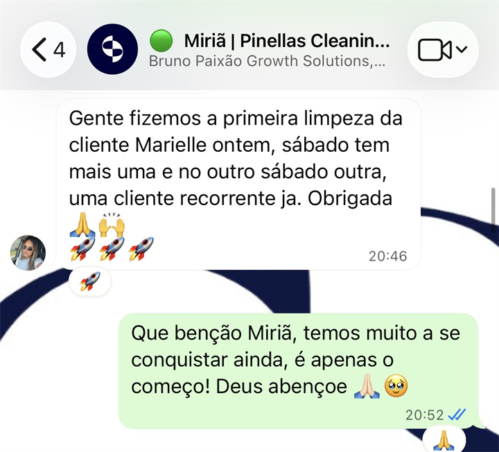 Message from Miriã (Pinellas Cleaning) celebrating the first clients won with Growth Solutions®
