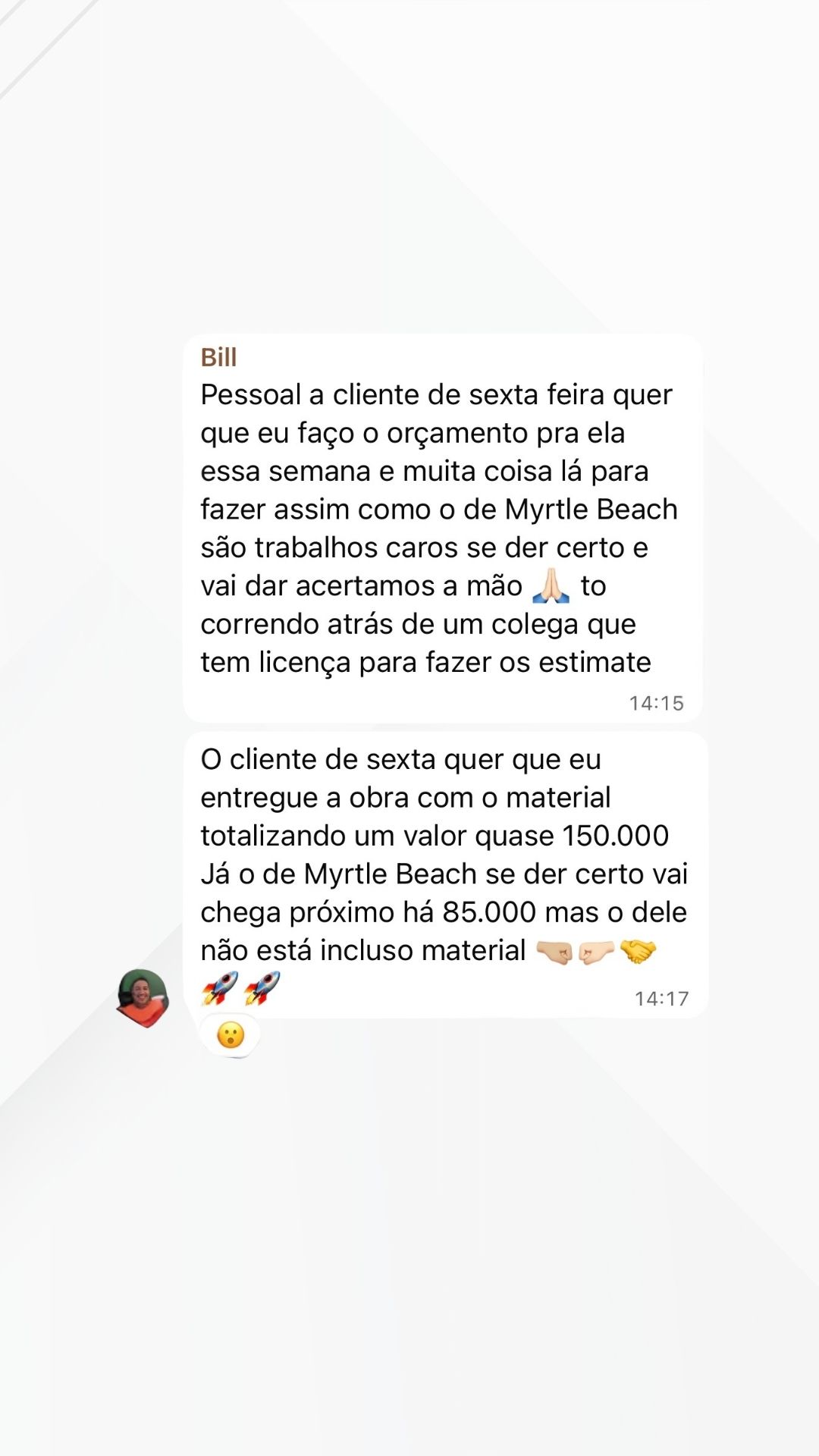 Cliente da Growth Solutions® relatando orçamentos de US$ 150 mil e US$ 85 mil em negociação