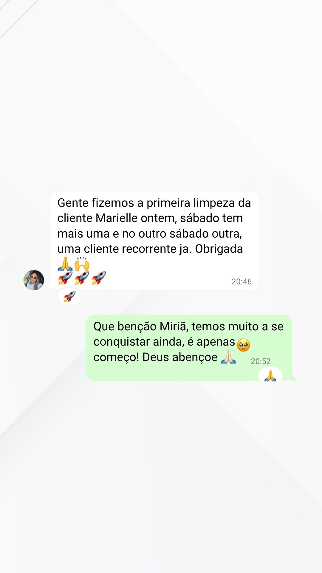 Mensagem de Miriã (Pinellas Cleaning) comemorando os primeiros clientes conquistados com a Growth Solutions®